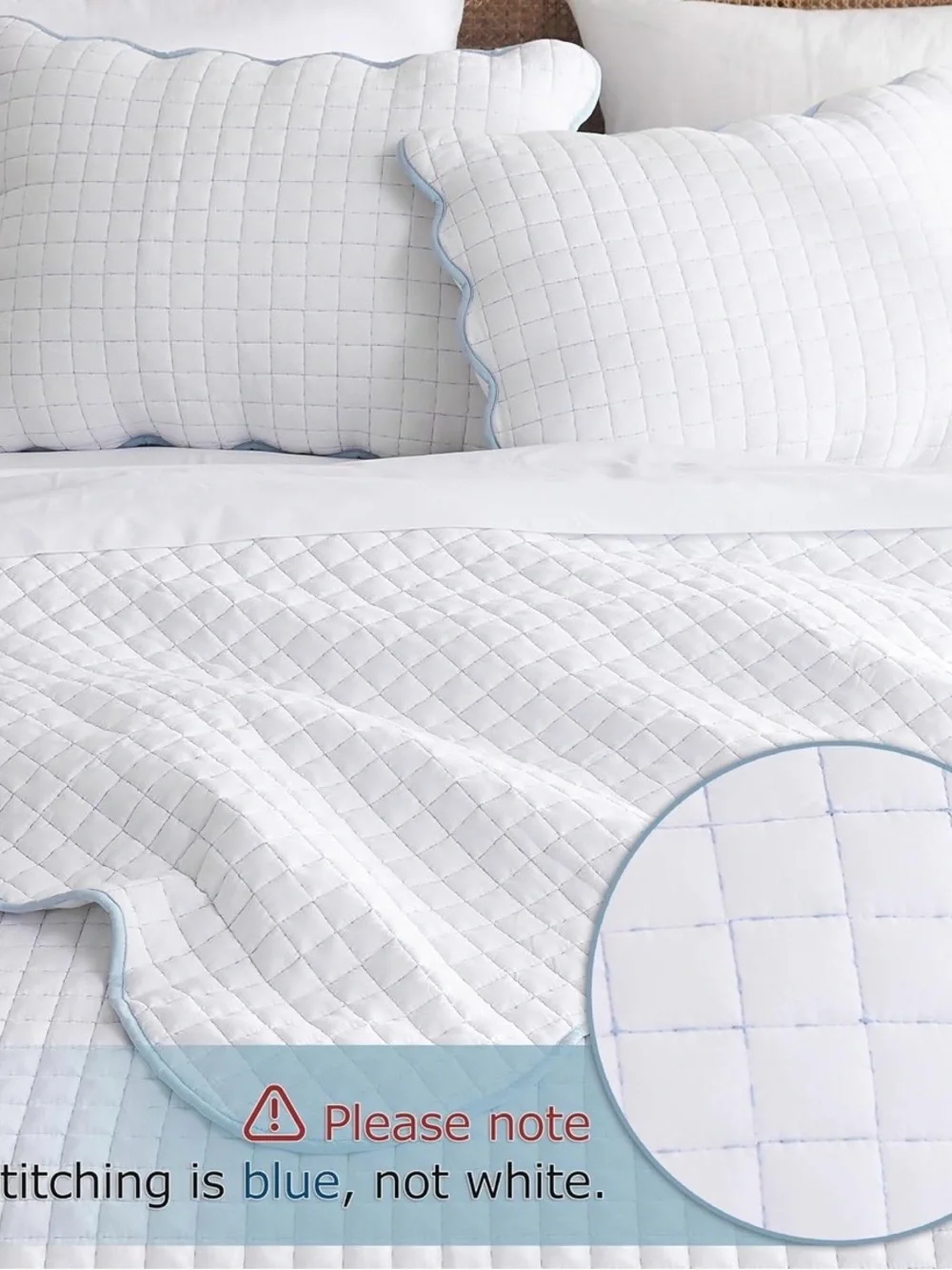 Quilted White Bedspread with Light Blue Stitching - Classic Comfort